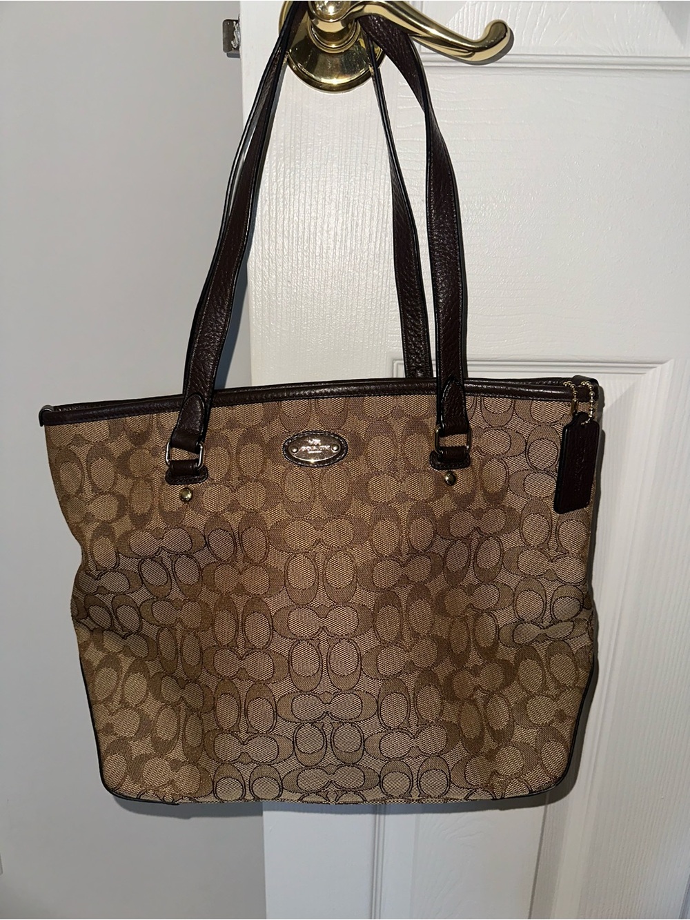 Coach Tan and Dark Brown Signature Canvas Tote